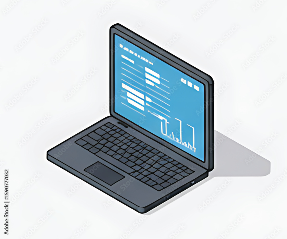 Poster isometric illustration of a laptop computer with a light blue screen displaying data.