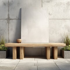 Blank canvas on wooden bench outdoors
