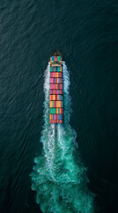 Aerial top down view of a container cargo ship at sea