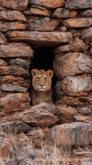 Young male lion looking from a stone den in the wild