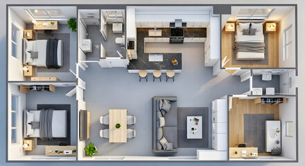 Modern 3D Floor Plan of a Spacious Family Home with Furniture Layout