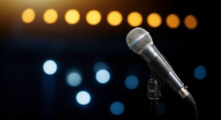 Obraz premium Microphone on Stand with Blurred Stage Lights, Studio Microphone Ready for the Next Performance