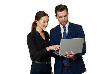 Business professionals collaborating on a project in a modern office, isolated on a transparent background PNG.

