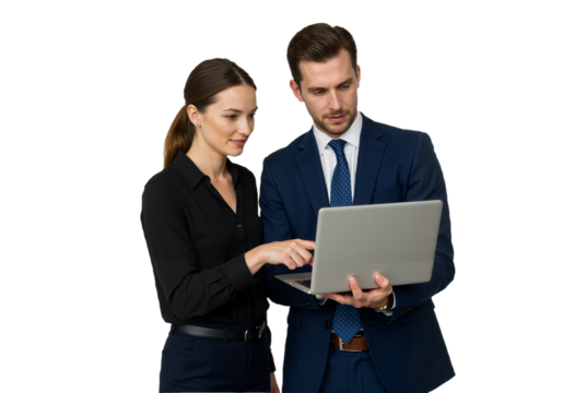 Business professionals collaborating on a project in a modern office, isolated on a transparent background PNG.
