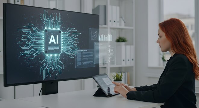 Futuristic background of AI interface analyzing business data while woman interacts with smart computer dashboard in corporate office