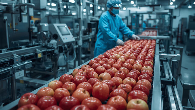 Fresh red apples move along a conveyor belt in food processing factory. Apples after washing, ready sorting packaging for sale. Agriculture harvest, organic fruit farm, quality control concept.