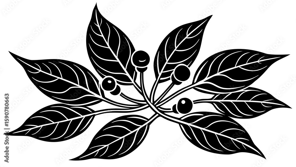 Aufkleber elegant black and white drawing of a stylized branch with leaves and berries in a symmetrical design
