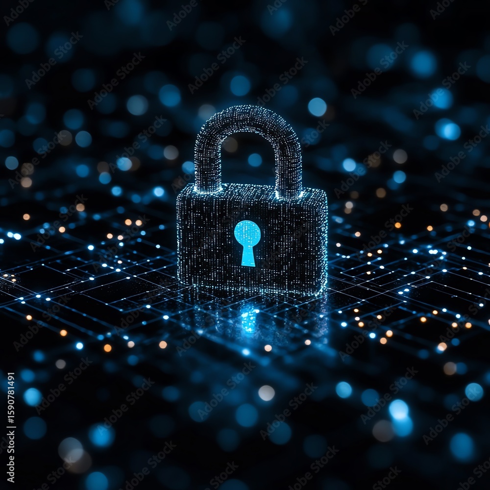 Poster cybersecurity system protects personal datum and client information in cyberspace with padlock icon 