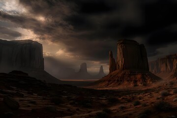Fototapeta premium Monument Valley: A dramatic panorama unfolds, showcasing towering mesas under a stormy sky, a testament to the raw, untamed beauty of the American Southwest.