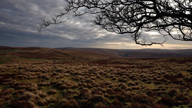 Majestic landscape timelapse captures dramatic sky over rolling hills at sunset