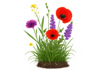 Vibrant wildflowers including poppies and cornflowers are growing in a patch of grass with a transparent background