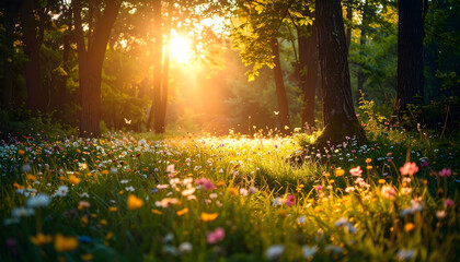Sunset in a Flower Meadow: Warm Light Illuminates Vibrant Wildflowers