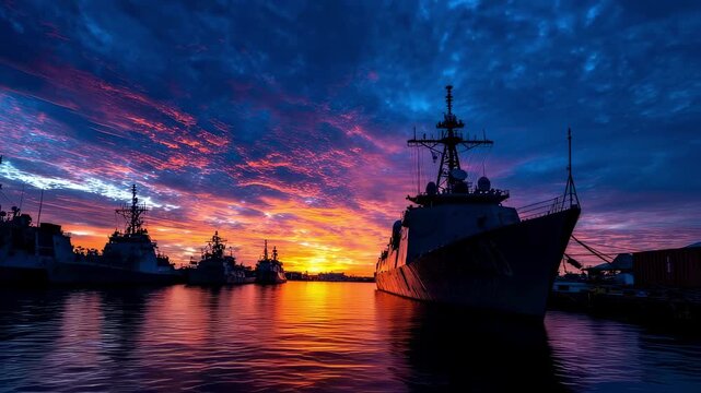 At sunset the silhouette of a launch boat cuts against the vibrant colors of the sky with a dock filled with various support vessels in the foreground highlighting the operational readiness