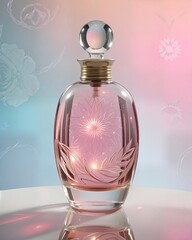 Create a striking cosmetic mockup showcasing an elegant glass bottle filled with a vibrant, shimmering liquid. The background should feature a soft gradient of pastel colors, with intricate art deco p
