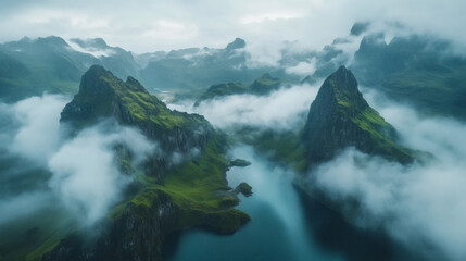 Obraz premium Majestic Mountain Ranges Emerging from a Sea of Clouds Under a Clear Blue Sky