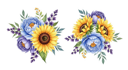 Watercolor Floral Bouquets, Sunflower Peony Composition, Hand Drawn Flowers, Transparent Background
