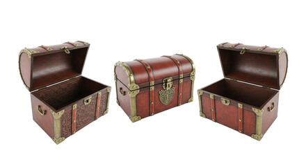 Leather Texture Brown Rectangular Treasure Chests with Antique Metal Fixtures, Open and Closed, Isolated Objects Elements on White and Transparent Background