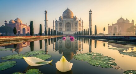 Taj Mahal Reflected in Morning Dew from a Lotus Pond Angle