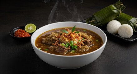A close-up of a steaming bowl of coto makasar, a traditional Indonesian beef soup.