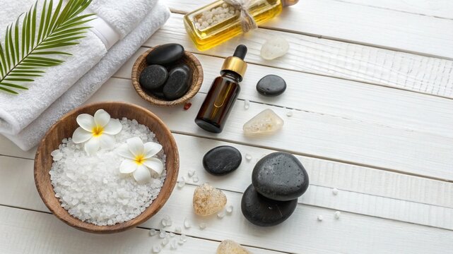 Top view of spa treatment items including essential oils, massage stones, salt, and towel on wooden table. Relaxing wellness composition for beauty, skincare, and therapy concepts.