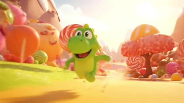 Animated dragon running through a candy land landscape