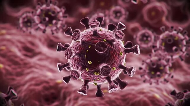 Detailed Microscope View of Dark Pink Virus Cells with Yellow Spots on Pink Background Render