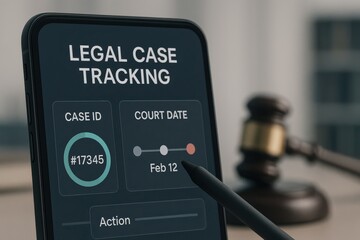 Mobile Legal Case Tracking App Showing Court Date Timeline, Case ID and Action Tracker with Gavel in Background
