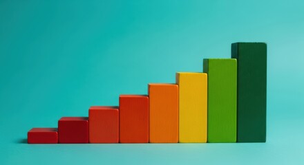 Photo of colorful wooden blocks arranged in a rising bar graph on a teal background