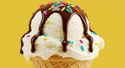 Vanilla gelato with chocolate syrup and sprinkles on cone