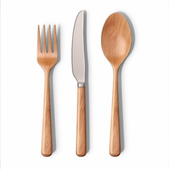 A wooden fork, knife, and spoon set against a transparent background