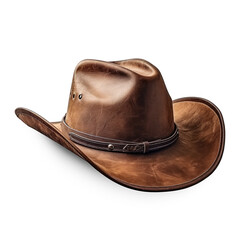 A brown leather cowboy hat with a wide brim and a leather band.