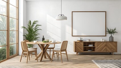 Fototapeta premium Bright minimalist dining room interior with wooden furniture and large blank poster frame on white wall for artwork or product presentation mockup. 3D Rendering.