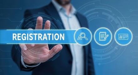 Registration Concept with a Man Touching a Digital Interface, Seamless Digital Registration Process with User-Friendly Icons and Interactive Elements
