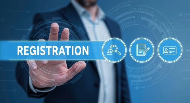 Registration Concept with a Man Touching a Digital Interface, Seamless Digital Registration Process with User-Friendly Icons and Interactive Elements