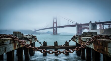 Fototapeta premium The Golden Gate Bridge Through the Fog from an Abandoned Pier