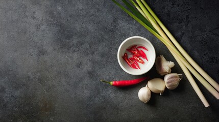 Vibrant Asian ingredients like lemongrass and chili peppers arranged on a rustic stone surface in an overhead view.
