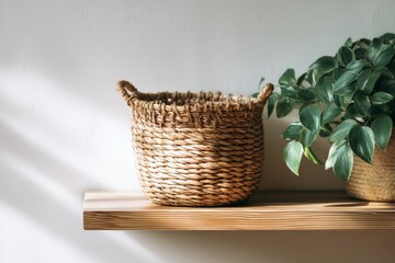 Minimalist home shelf with woven basket planter and trailing houseplant under direct sunlight, creating soft shadows and a serene natural interior design accent for modern decor styling
