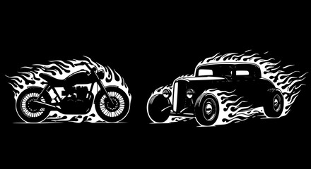 Silhouettes. Vintage hot rods and flames. Vector illustration, JPEG version.