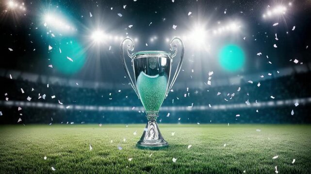 Champion soccer trophy with confetti on football field