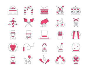 Circus icons set. Carnaval icon concept. Simple vector flat line icons packs.