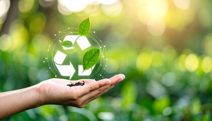 A hand holds a digital recycle symbol over soil and emerging green leaves.  Blurred green background
