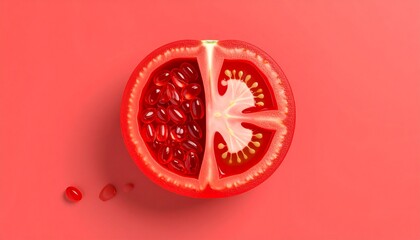 Fototapeta premium Creative Top View Of Tomato Slice With Red Vitamin Capsules On Coral Background