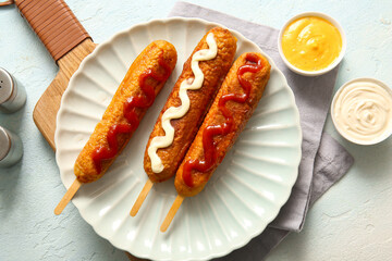Plate with tasty corn dogs and bowl of sauces on light blue background