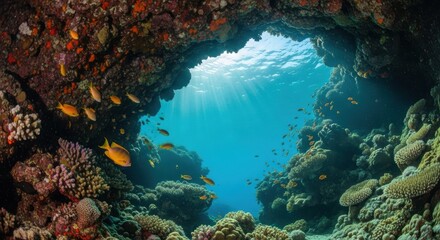 The Great Barrier Reef Seen from a Diver’s Eye View Near a Coral Cave