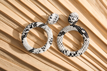 Beautiful earrings on bamboo fan background