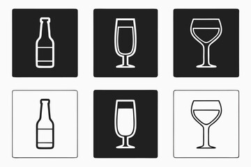 Bottle and glasses icons wine glass beer glass
