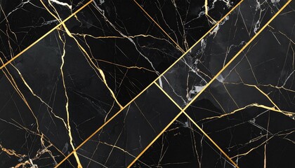 Diagonal grid of black marble tiles with gold veining and gold separators