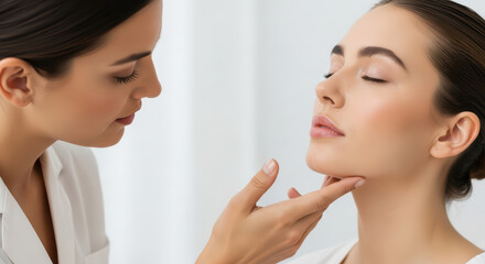 A doctor gently examines a woman's face, focusing on her skin and any possible treatments.