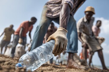 Workers sorting plastic bottles on beach