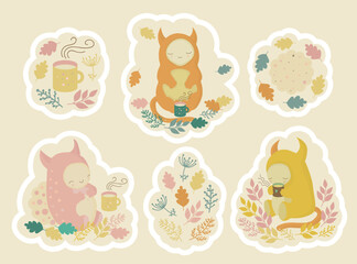 Set of cartoon stickers featuring friendly funny monsters, cups of tea, hot chocolate or cocoa, and cookies. The cute characters are enjoying a tea party, cozy autumn picnic.